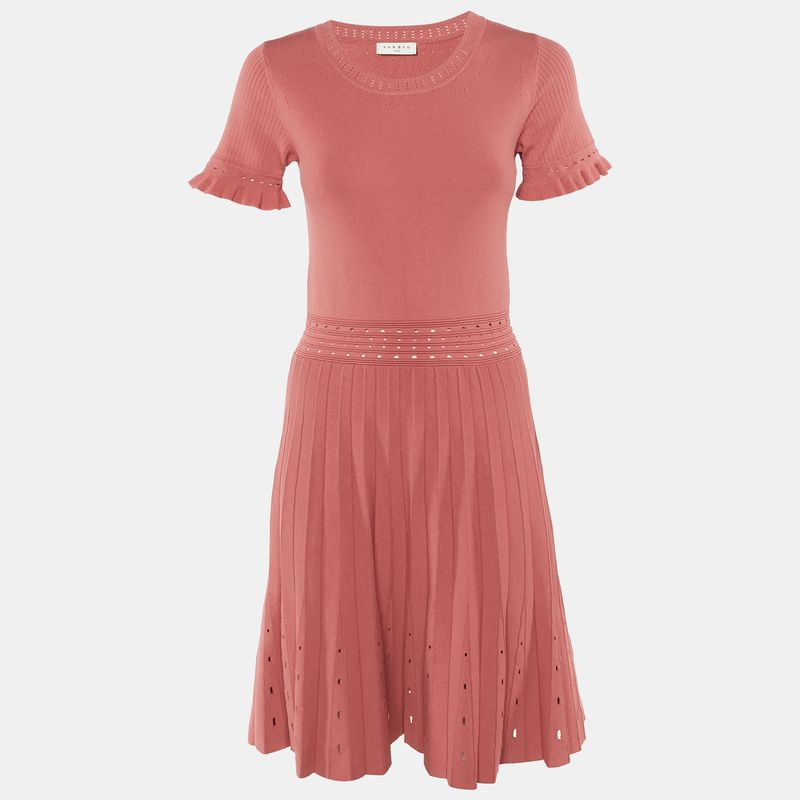 Sandro Pink Knit Eyelet Detail Etor Pleated Dress M